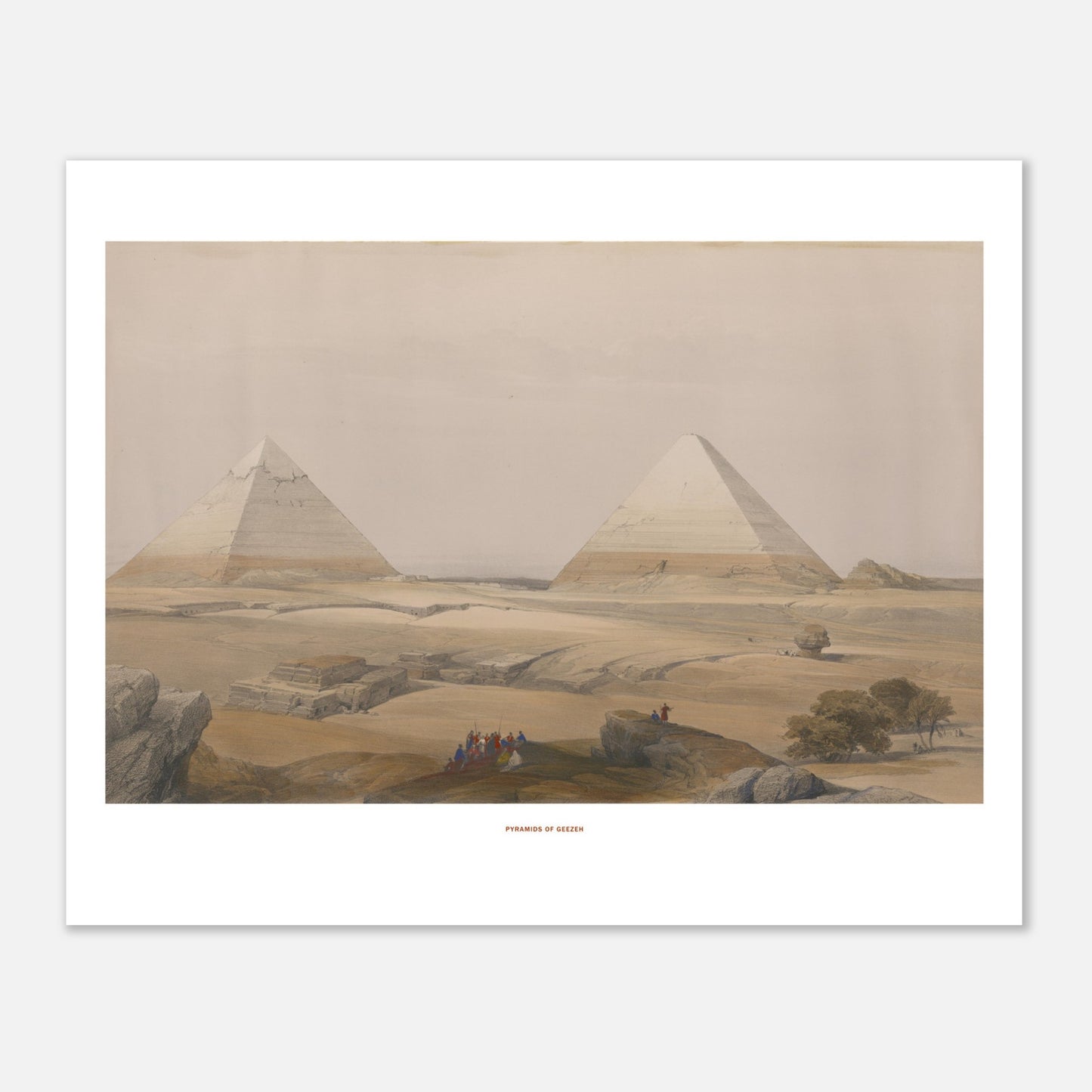 Illustration ancienne : Pyramides de Gizeh par David Roberts (40x50 cm). La gravure ancienne montre les Pyramides de Gizeh dans un paysage désertique, avec des figures humaines et des rochers au premier plan.
