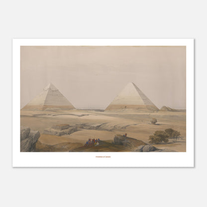 Illustration ancienne : Pyramides de Gizeh par David Roberts (42x59,4 cm (A2)). La gravure ancienne montre les Pyramides de Gizeh dans un paysage désertique, avec des figures humaines et des rochers au premier plan.