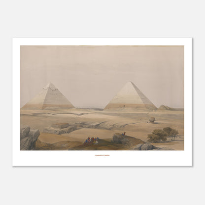 Illustration ancienne : Pyramides de Gizeh par David Roberts (50x70 cm). La gravure ancienne montre les Pyramides de Gizeh dans un paysage désertique, avec des figures humaines et des rochers au premier plan.