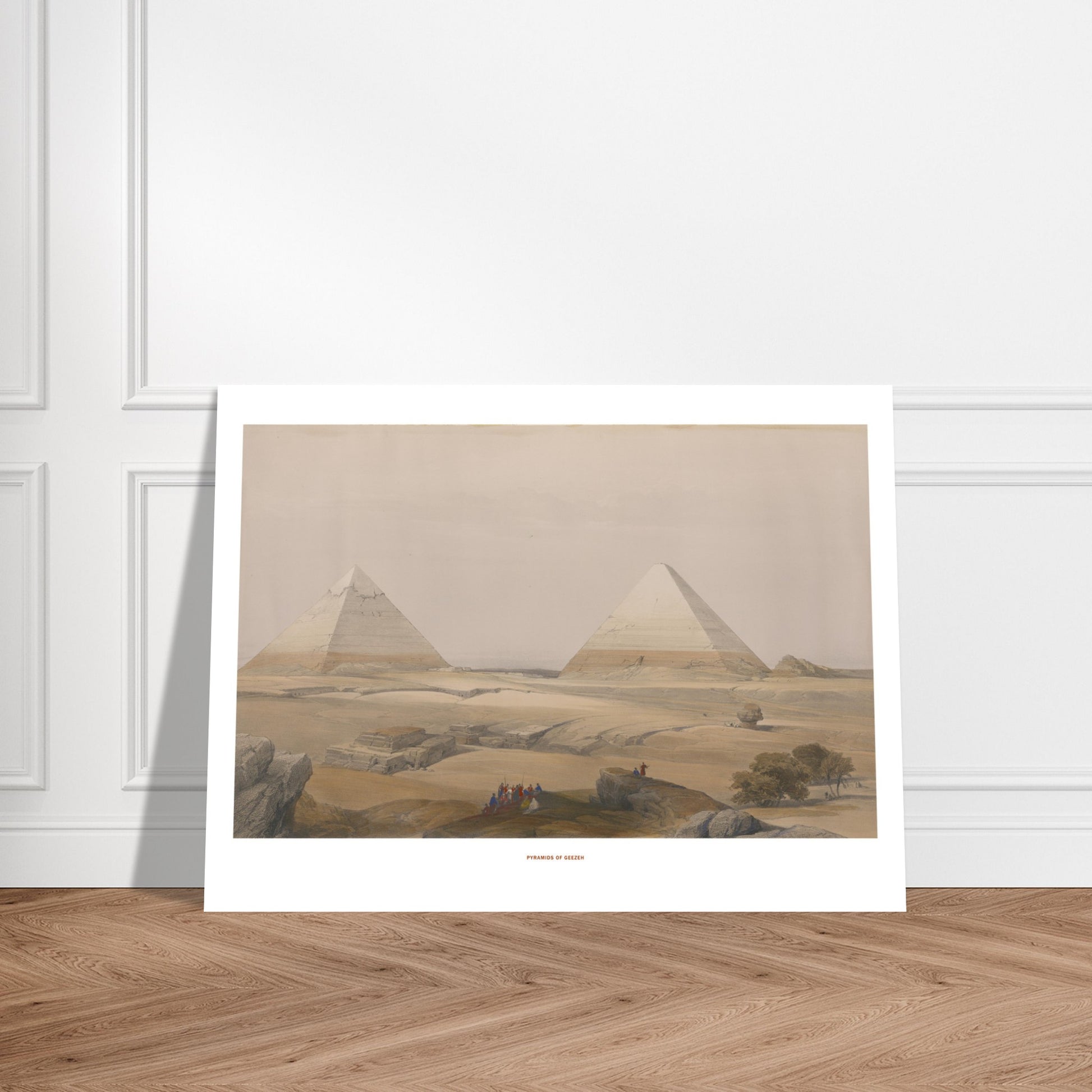 Illustration ancienne : Pyramides de Gizeh par David Roberts. La gravure ancienne montre les Pyramides de Gizeh dans un paysage désertique, avec des figures humaines et des rochers au premier plan. Image d'illustration 6