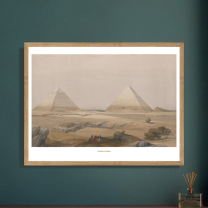Illustration ancienne : Pyramides de Gizeh par David Roberts. La gravure ancienne montre les Pyramides de Gizeh dans un paysage désertique, avec des figures humaines et des rochers au premier plan. Image d'illustration 7