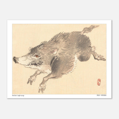 Illustration naturaliste d'un Sanglier sauvage par Kōno Bairei (15x20 cm). Illustration naturaliste d'un sanglier sauvage en plein saut, par Kōno Bairei.