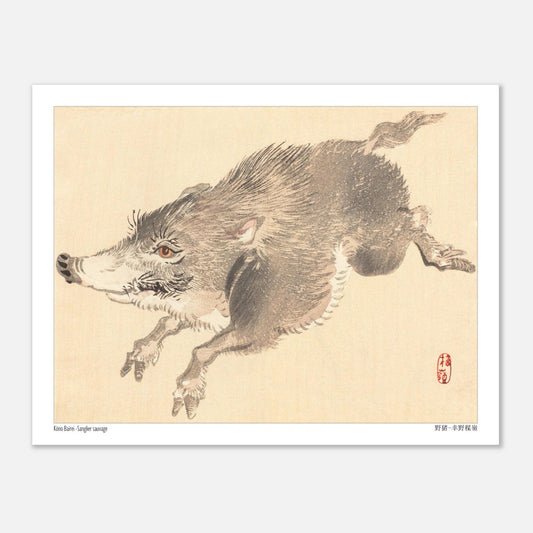 Illustration naturaliste d'un Sanglier sauvage par Kōno Bairei (27x35 cm). Illustration naturaliste d'un sanglier sauvage en plein saut, par Kōno Bairei.