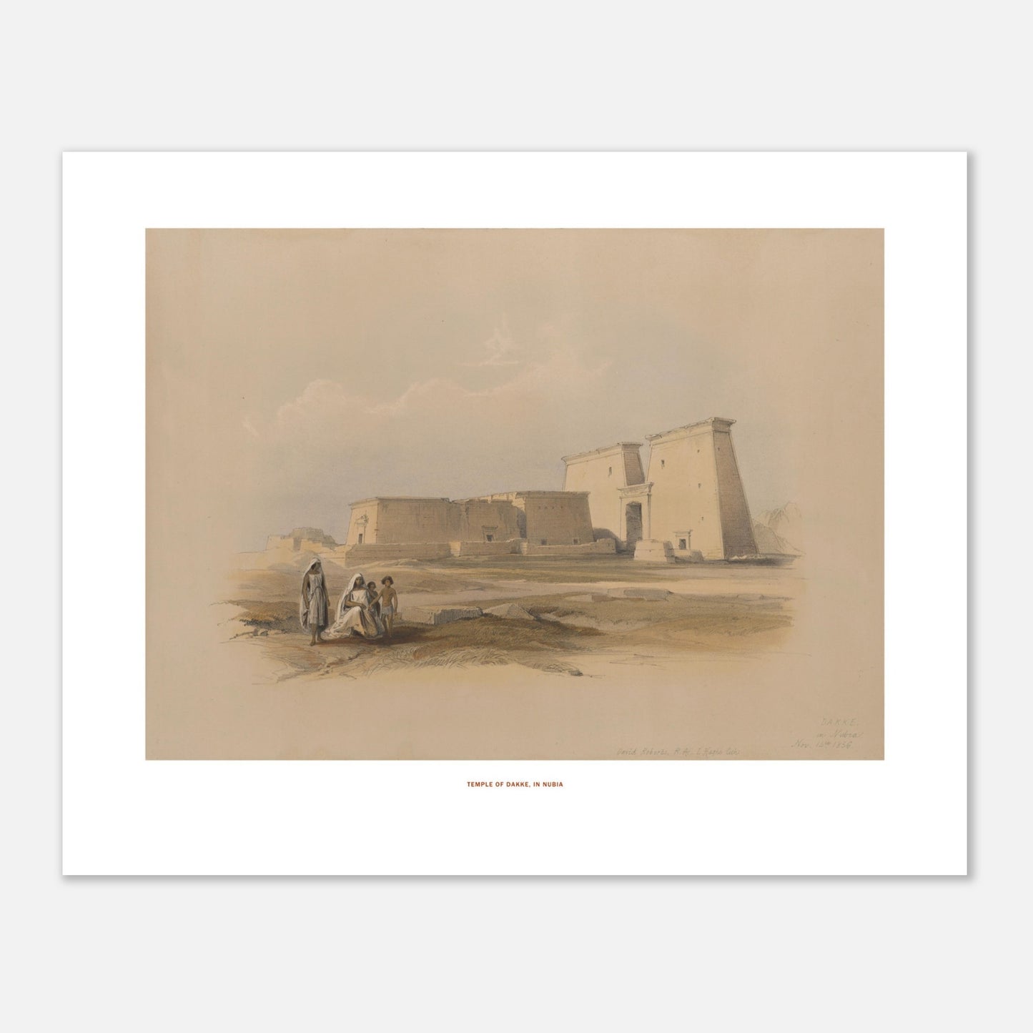 Illustration du temple de Dakka en Nubie - David Roberts (40x50 cm). Lithographie ancienne représentant le temple de Dakka en Nubie, avec des groupes de personnes au premier plan sur fond de paysage désertique.