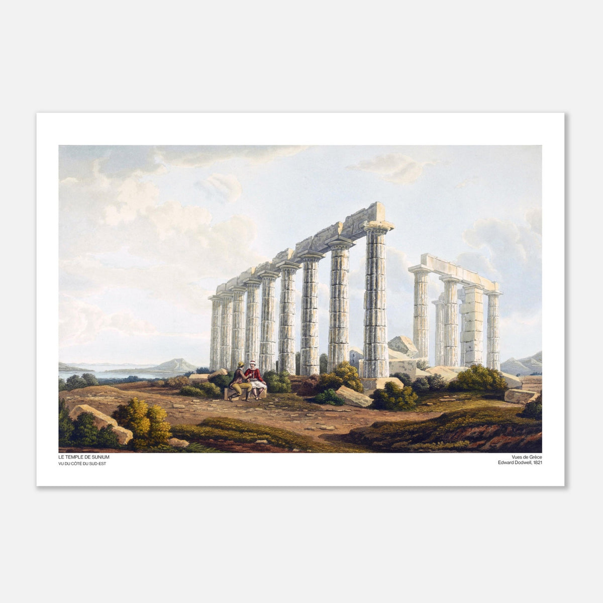 Antica illustrazione del Tempio di Sunio in Grecia di Edward Dodwell (29,7x42 cm (A3)). Antica incisione intitolata "Il tempio di Sunio, visto dal lato sud-orientale", raffigurante un antico tempio greco in rovina con alte colonne in riva al mare.