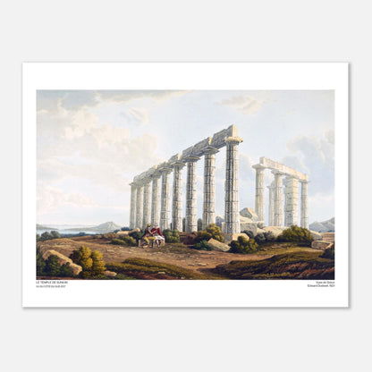 Antica illustrazione del Tempio di Sunio in Grecia di Edward Dodwell (30x40 cm). Antica incisione intitolata "Il tempio di Sunio, visto dal lato sud-orientale", raffigurante un antico tempio greco in rovina con alte colonne in riva al mare.