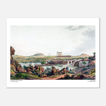 Illustrazione del Tempio di Zeus Olimpio ad Atene, di Edward Dodwell (30x40 cm). Antica incisione intitolata "Tempio di Zeus Olimpio e il fiume Ilisso", che mostra le rovine di un antico tempio greco vicino a un fiume con cascate.