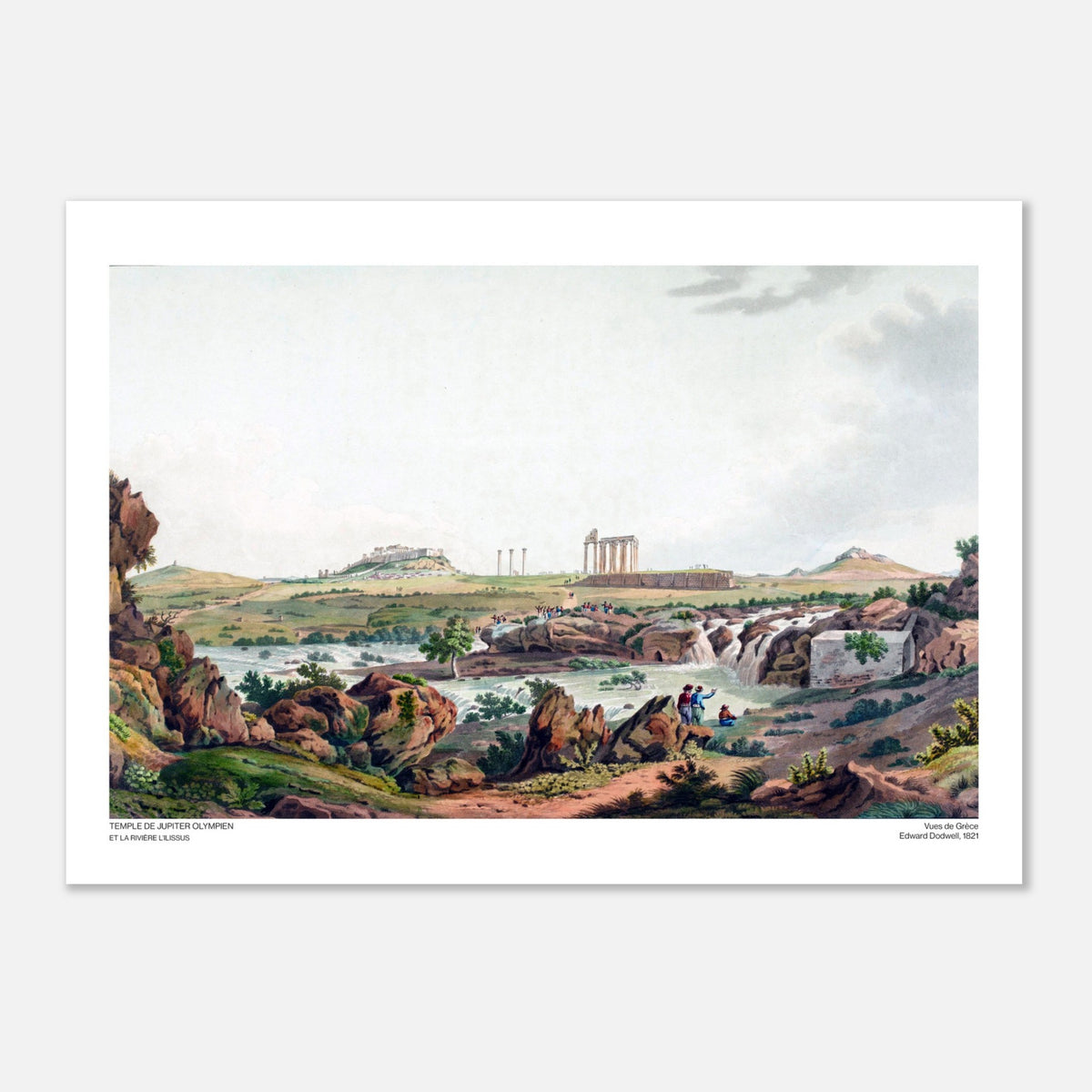 Illustrazione del Tempio di Zeus Olimpio ad Atene, di Edward Dodwell (50x70 cm). Antica incisione intitolata "Tempio di Zeus Olimpio e il fiume Ilisso", che mostra le rovine di un antico tempio greco vicino a un fiume con cascate.