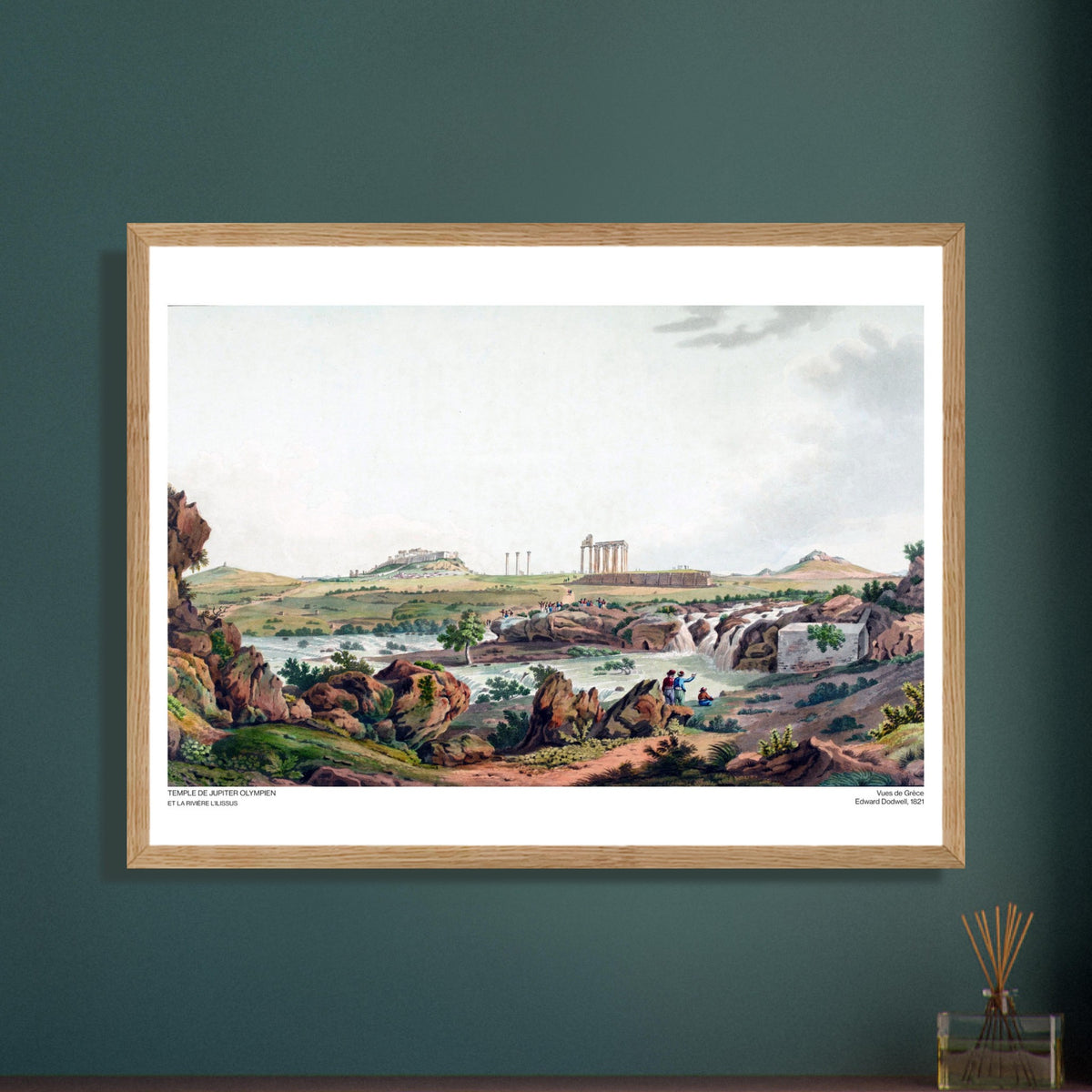 Illustrazione del Tempio di Zeus Olimpio ad Atene, di Edward Dodwell. Antica incisione intitolata "Tempio di Zeus Olimpio e il fiume Ilisso", che mostra le rovine di un antico tempio greco vicino a un fiume con cascate.
