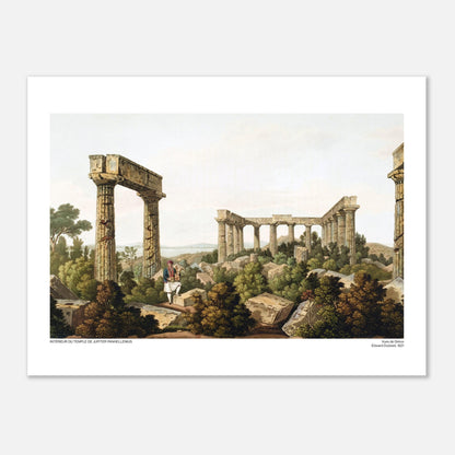 Vista interna del Tempio di Giove Panellenio, di Edward Dodwell (30x40 cm). Le rovine di un tempio antico, con colonne imponenti e frammenti di pietra immersi in una vegetazione lussureggiante.