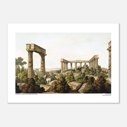 Vista interna del Tempio di Giove Panellenio, di Edward Dodwell (50x70 cm). Le rovine di un tempio antico, con colonne imponenti e frammenti di pietra immersi in una vegetazione lussureggiante.