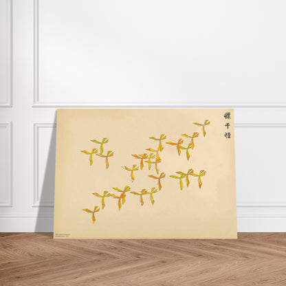 Illustration de papillons stylisés en vol de Kamisaka Sekka. Illustration japonaise de papillons stylisés jaune et orange disposés en vol sur un fond beige, avec des caractères japonais. Image d'illustration 3