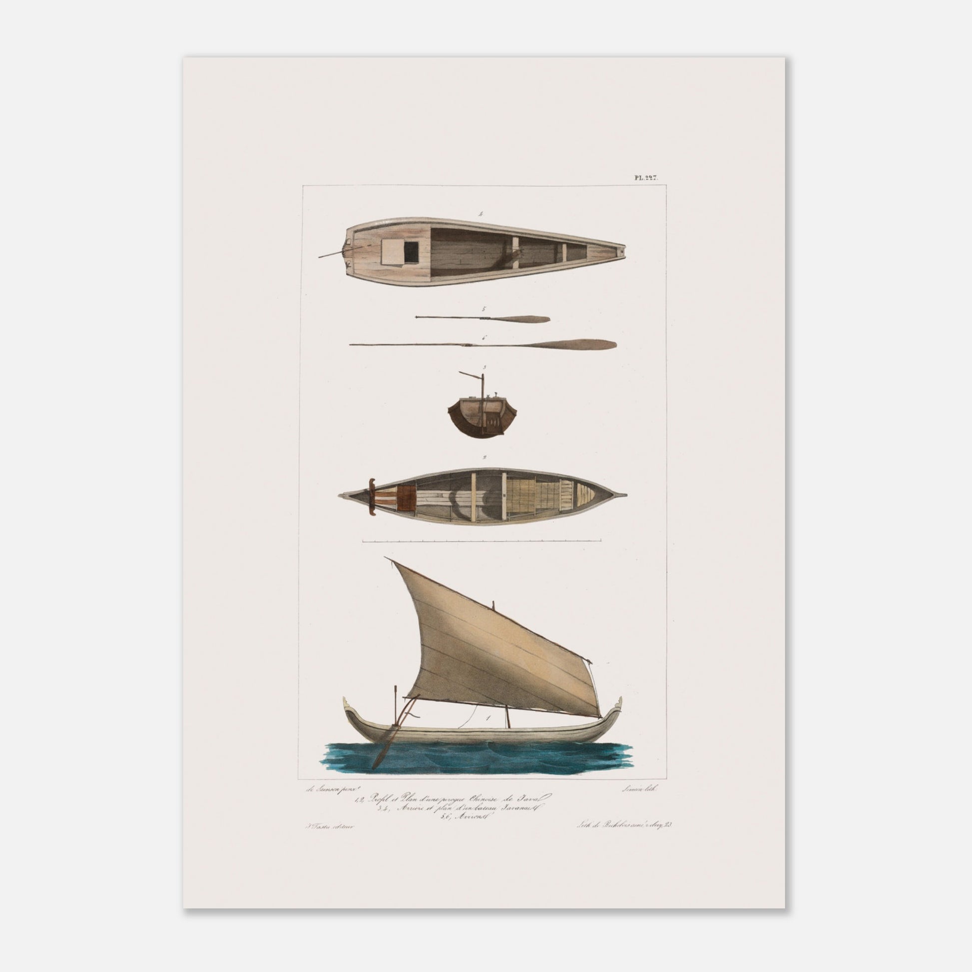 Pirogue chinoise de Java et bateau javanais à Batavia (29,7x42 cm (A3)). Cette illustration de planche scientifique présente plusieurs vues d'une pirogue chinoise de Java et d'un bateau javanais.