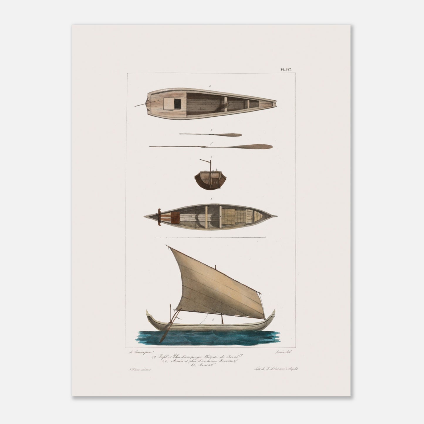 Pirogue chinoise de Java et bateau javanais à Batavia (30x40 cm). Cette illustration de planche scientifique présente plusieurs vues d'une pirogue chinoise de Java et d'un bateau javanais.