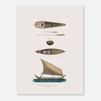 Pirogue chinoise de Java et bateau javanais à Batavia (30x40 cm). Cette illustration de planche scientifique présente plusieurs vues d'une pirogue chinoise de Java et d'un bateau javanais.