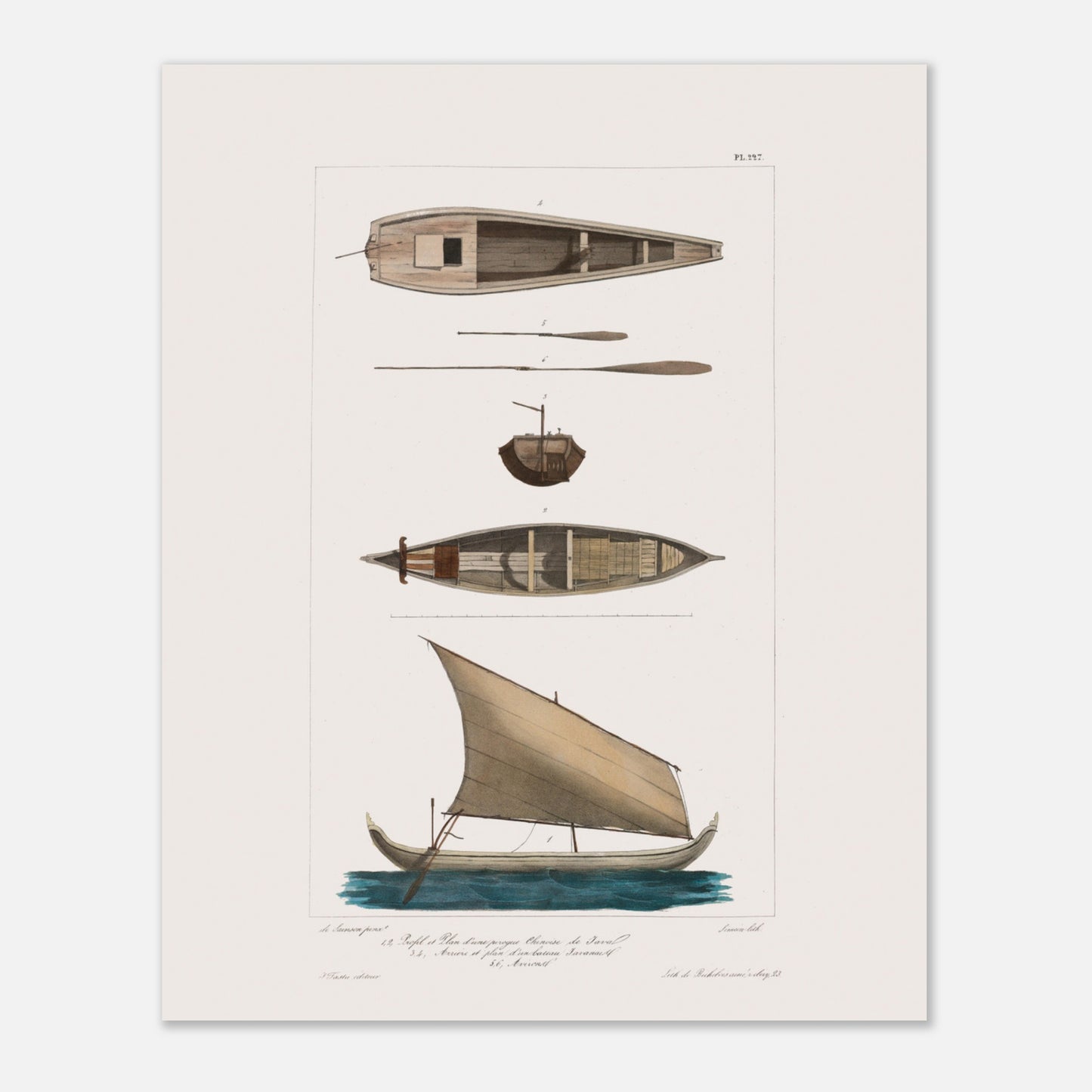 Pirogue chinoise de Java et bateau javanais à Batavia (40x50 cm). Cette illustration de planche scientifique présente plusieurs vues d'une pirogue chinoise de Java et d'un bateau javanais.