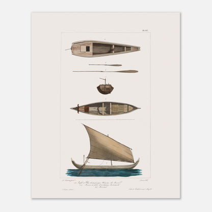 Pirogue chinoise de Java et bateau javanais à Batavia (40x50 cm). Cette illustration de planche scientifique présente plusieurs vues d'une pirogue chinoise de Java et d'un bateau javanais.