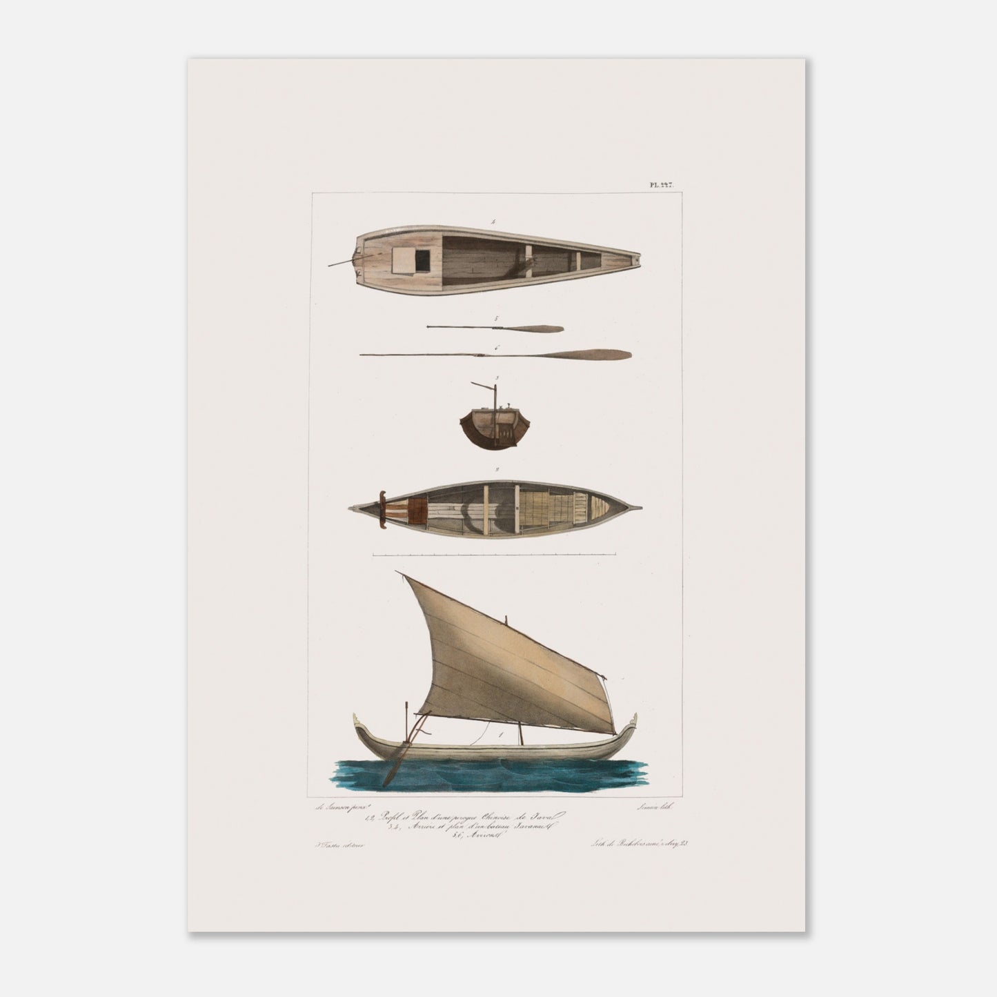 Pirogue chinoise de Java et bateau javanais à Batavia (42x59,4 cm (A2)). Cette illustration de planche scientifique présente plusieurs vues d'une pirogue chinoise de Java et d'un bateau javanais.