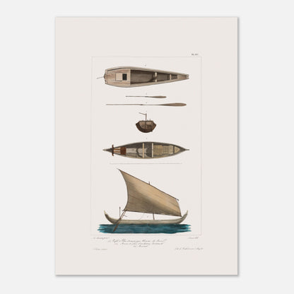 Pirogue chinoise de Java et bateau javanais à Batavia (42x59,4 cm (A2)). Cette illustration de planche scientifique présente plusieurs vues d'une pirogue chinoise de Java et d'un bateau javanais.
