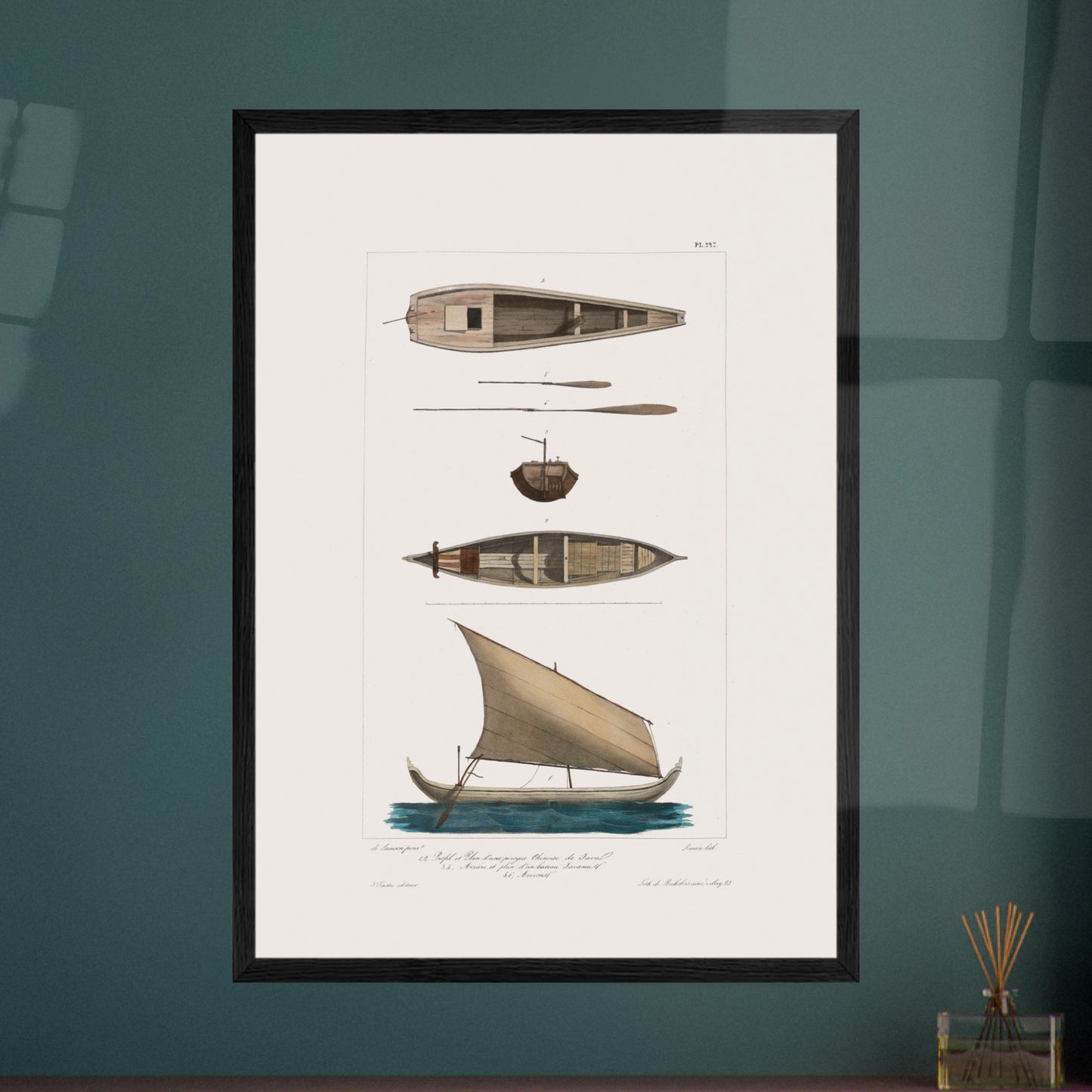 Pirogue chinoise de Java et bateau javanais à Batavia. Cette illustration de planche scientifique présente plusieurs vues d'une pirogue chinoise de Java et d'un bateau javanais. Image d'illustration 5