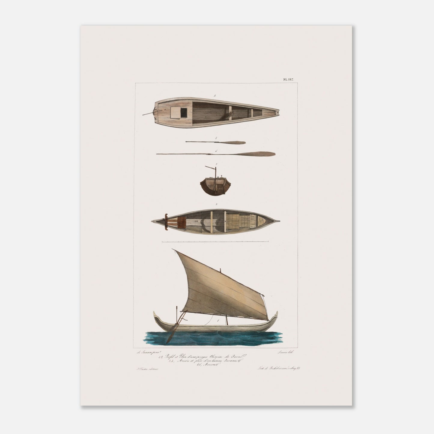 Pirogue chinoise de Java et bateau javanais à Batavia (50x70 cm). Cette illustration de planche scientifique présente plusieurs vues d'une pirogue chinoise de Java et d'un bateau javanais.