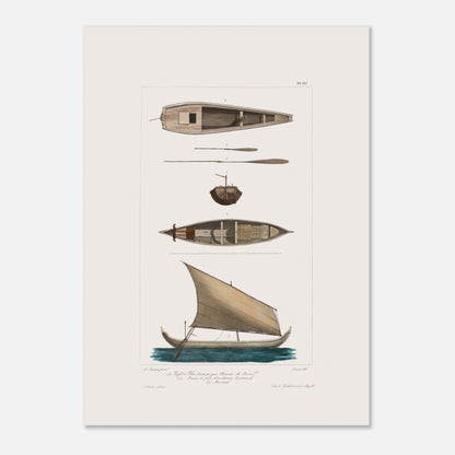 Pirogue chinoise de Java et bateau javanais à Batavia (50x70 cm). Cette illustration de planche scientifique présente plusieurs vues d'une pirogue chinoise de Java et d'un bateau javanais.