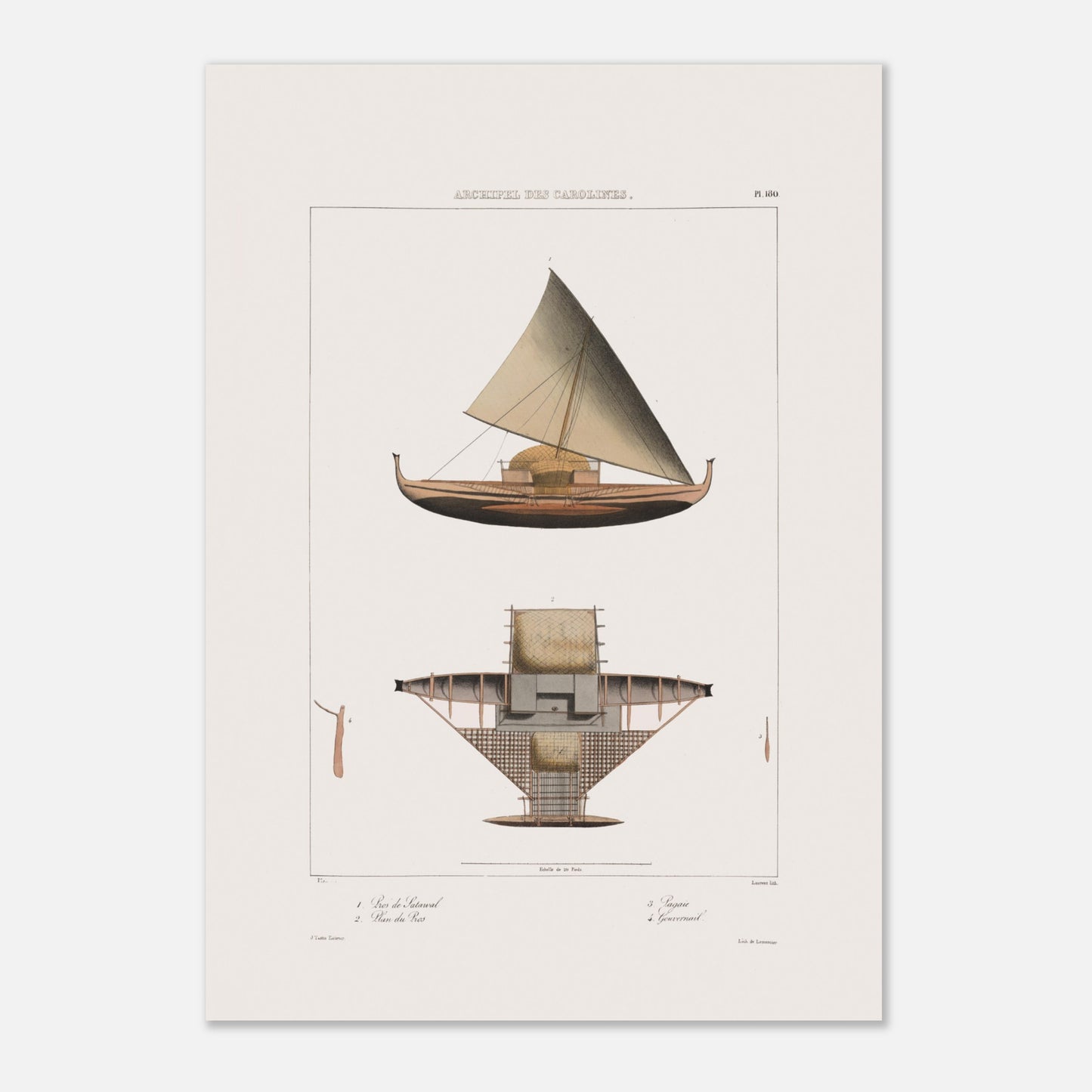 Praos Traditionnels de Satahoual aux Îles Carolines - Reproduction de Dessins du Voyage de l'Astrolabe (29,7x42 cm (A3)). Reproduction d'une gravure ancienne montrant un grand voilier indigène des Îles Carolines, avec une vue en plan de sa structure, des numéros et des légendes en français. Le titre "ARCHIPEL DES CAROLINES." est affiché en haut.