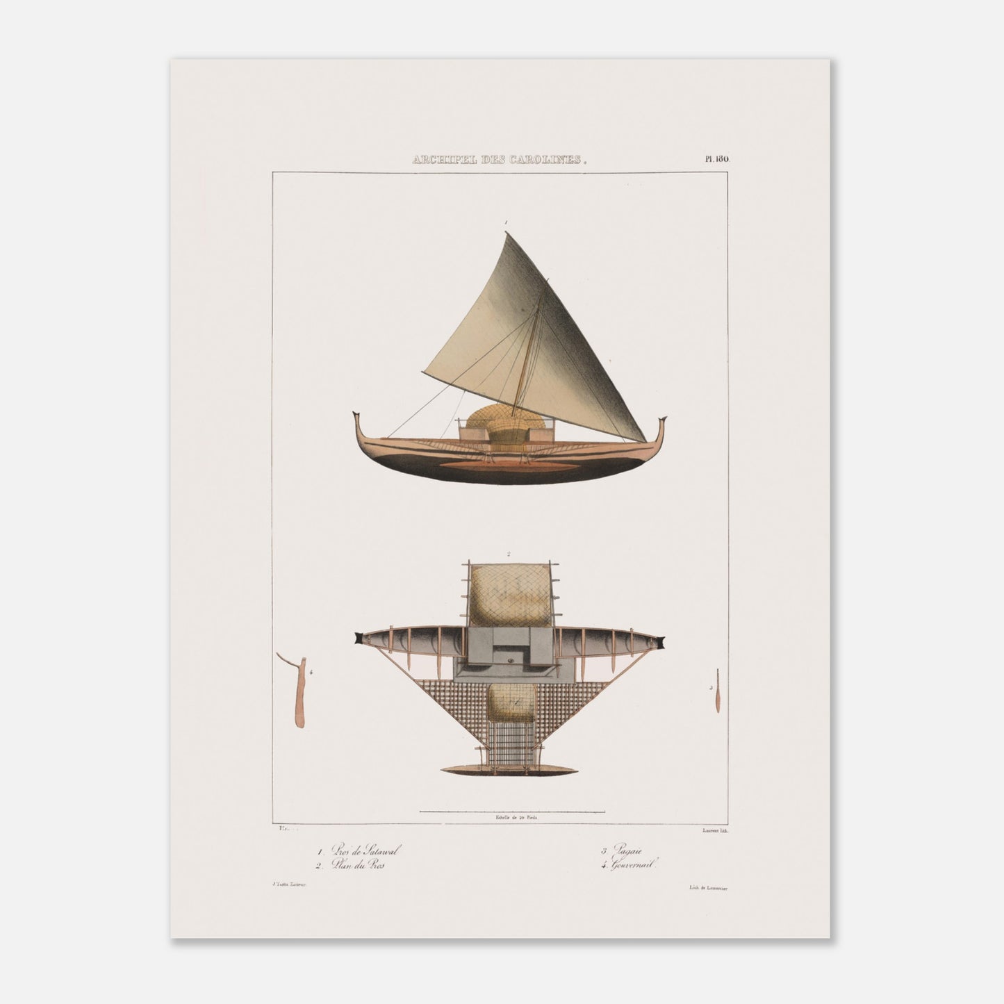 Praos Traditionnels de Satahoual aux Îles Carolines - Reproduction de Dessins du Voyage de l'Astrolabe (30x40 cm). Reproduction d'une gravure ancienne montrant un grand voilier indigène des Îles Carolines, avec une vue en plan de sa structure, des numéros et des légendes en français. Le titre "ARCHIPEL DES CAROLINES." est affiché en haut.