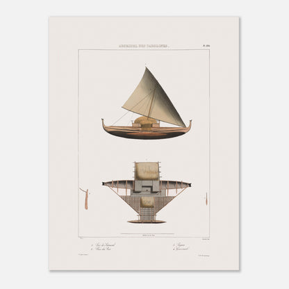 Praos Traditionnels de Satahoual aux Îles Carolines - Reproduction de Dessins du Voyage de l'Astrolabe (30x40 cm). Reproduction d'une gravure ancienne montrant un grand voilier indigène des Îles Carolines, avec une vue en plan de sa structure, des numéros et des légendes en français. Le titre "ARCHIPEL DES CAROLINES." est affiché en haut.