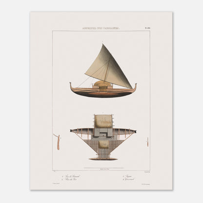 Praos Traditionnels de Satahoual aux Îles Carolines - Reproduction de Dessins du Voyage de l'Astrolabe (40x50 cm). Reproduction d'une gravure ancienne montrant un grand voilier indigène des Îles Carolines, avec une vue en plan de sa structure, des numéros et des légendes en français. Le titre "ARCHIPEL DES CAROLINES." est affiché en haut.