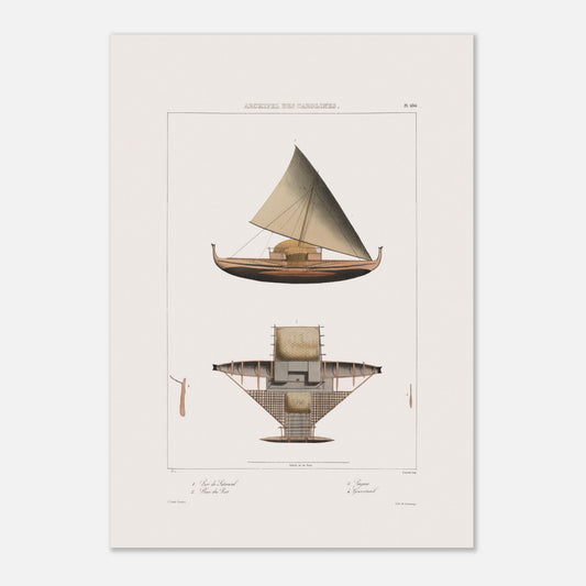 Praos Traditionnels de Satahoual aux Îles Carolines - Reproduction de Dessins du Voyage de l'Astrolabe (42x59,4 cm (A2)). Reproduction d'une gravure ancienne montrant un grand voilier indigène des Îles Carolines, avec une vue en plan de sa structure, des numéros et des légendes en français. Le titre "ARCHIPEL DES CAROLINES." est affiché en haut.