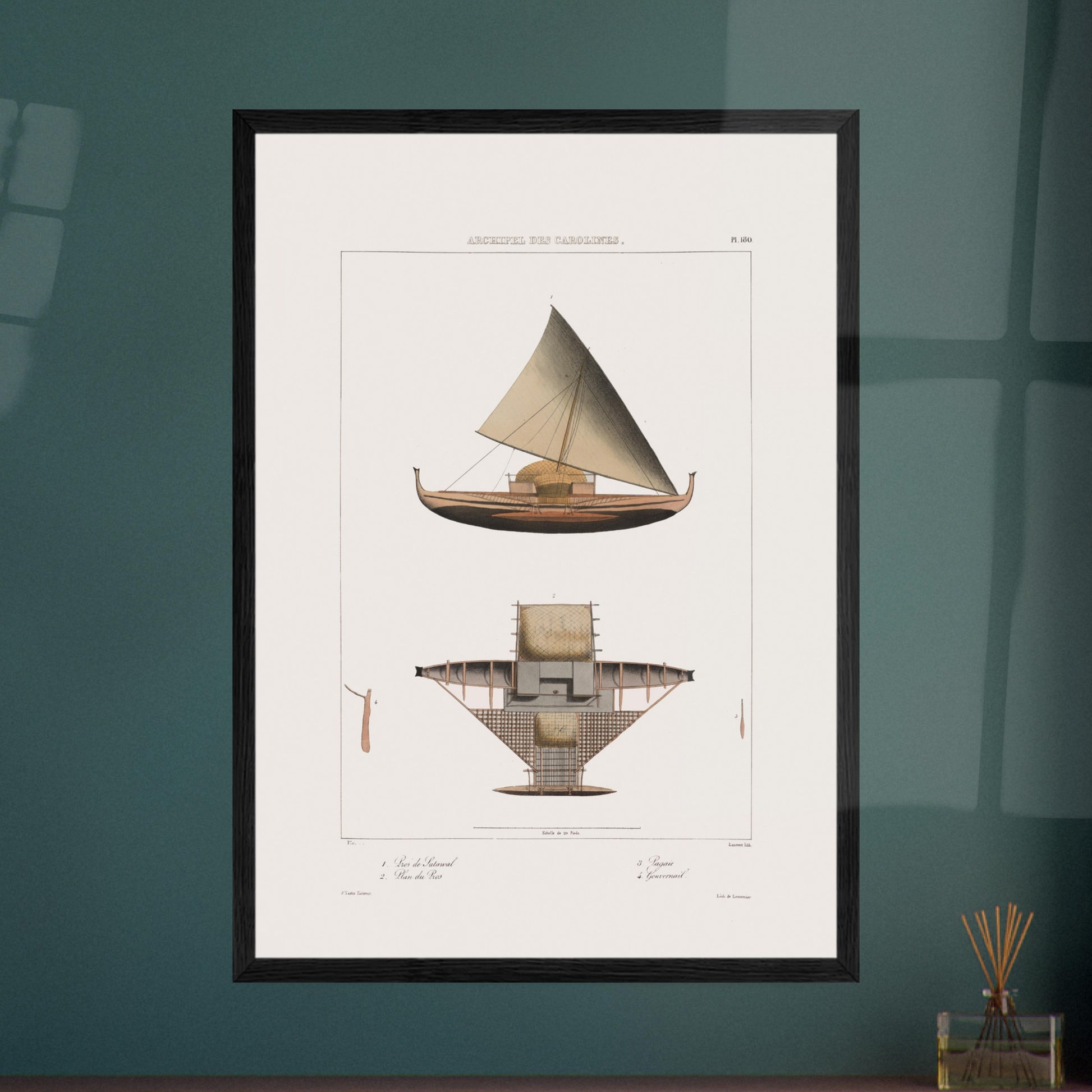Praos Traditionnels de Satahoual aux Îles Carolines - Reproduction de Dessins du Voyage de l'Astrolabe. Reproduction d'une gravure ancienne montrant un grand voilier indigène des Îles Carolines, avec une vue en plan de sa structure, des numéros et des légendes en français. Le titre "ARCHIPEL DES CAROLINES." est affiché en haut. Image d'illustration 5