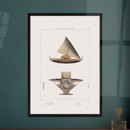 Praos Traditionnels de Satahoual aux Îles Carolines - Reproduction de Dessins du Voyage de l'Astrolabe. Reproduction d'une gravure ancienne montrant un grand voilier indigène des Îles Carolines, avec une vue en plan de sa structure, des numéros et des légendes en français. Le titre "ARCHIPEL DES CAROLINES." est affiché en haut. Image d'illustration 5