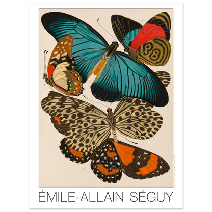 Impression d'Émile-Allain Séguy : des papillons colorés (30x40 cm). Illustration de l'Art déco par Émile-Allain Séguy de cinq papillons aux ailes aux motifs complexes et aux couleurs vives, notamment bleues, oranges et rouges.