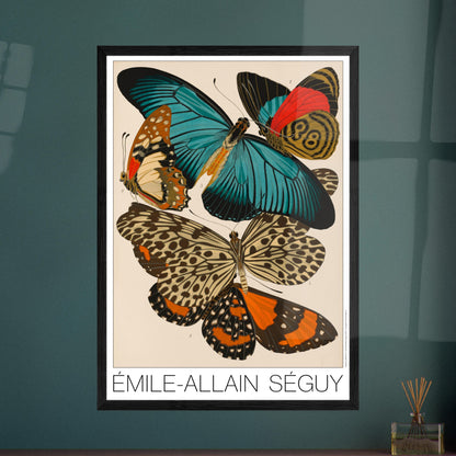 Impression d'Émile-Allain Séguy : des papillons colorés. Illustration de l'Art déco par Émile-Allain Séguy de cinq papillons aux ailes aux motifs complexes et aux couleurs vives, notamment bleues, oranges et rouges. Image d'illustration 7