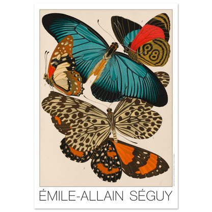Impression d'Émile-Allain Séguy : des papillons colorés (70x100 cm). Illustration de l'Art déco par Émile-Allain Séguy de cinq papillons aux ailes aux motifs complexes et aux couleurs vives, notamment bleues, oranges et rouges.