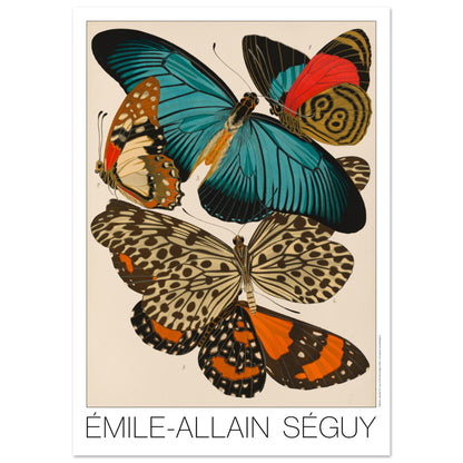 Impression d'Émile-Allain Séguy : des papillons colorés (84,1x118,9 cm (A0)). Illustration de l'Art déco par Émile-Allain Séguy de cinq papillons aux ailes aux motifs complexes et aux couleurs vives, notamment bleues, oranges et rouges.