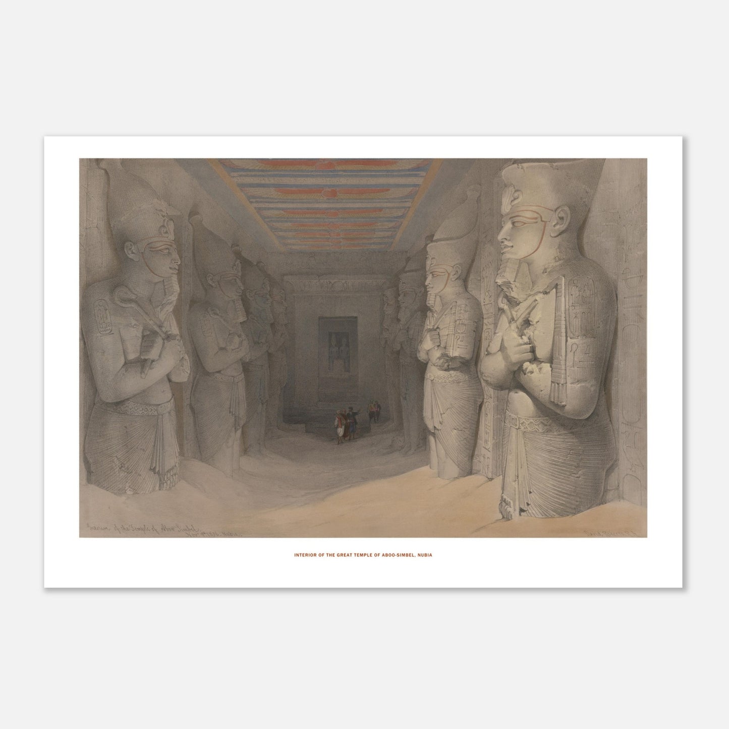 Planche de l'intérieur du grand temple d'Abou-Simbel par David Roberts (21x29,7 cm (A4)). Lithographie représentant l'intérieur d'un temple égyptien avec de grandes statues colossales et un plafond décoré, avec quelques personnages humains à l'extrémité.