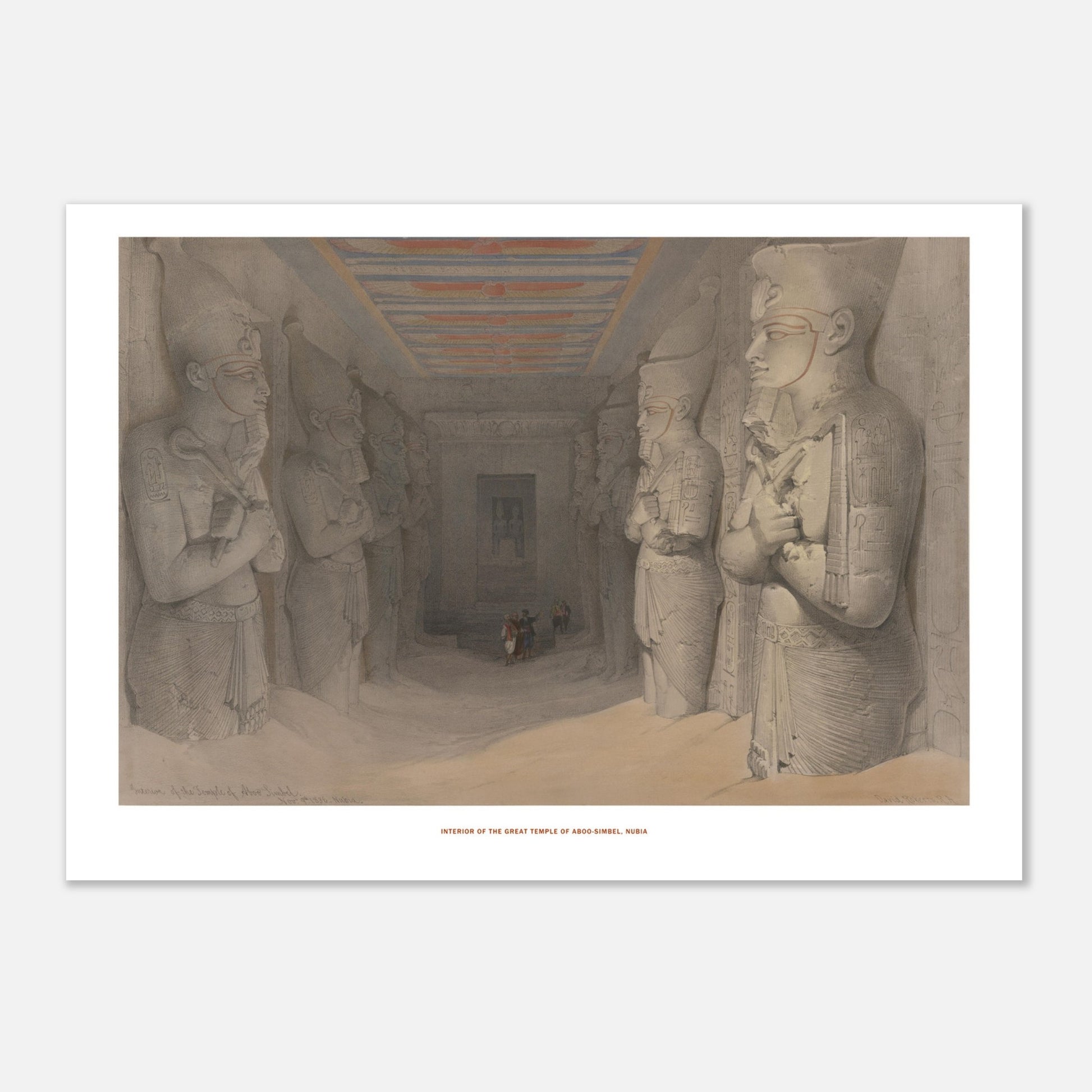 Planche de l'intérieur du grand temple d'Abou-Simbel par David Roberts (21x29,7 cm (A4)). Lithographie représentant l'intérieur d'un temple égyptien avec de grandes statues colossales et un plafond décoré, avec quelques personnages humains à l'extrémité.