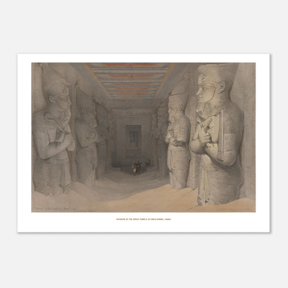 Planche de l'intérieur du grand temple d'Abou-Simbel par David Roberts (21x29,7 cm (A4)). Lithographie représentant l'intérieur d'un temple égyptien avec de grandes statues colossales et un plafond décoré, avec quelques personnages humains à l'extrémité.