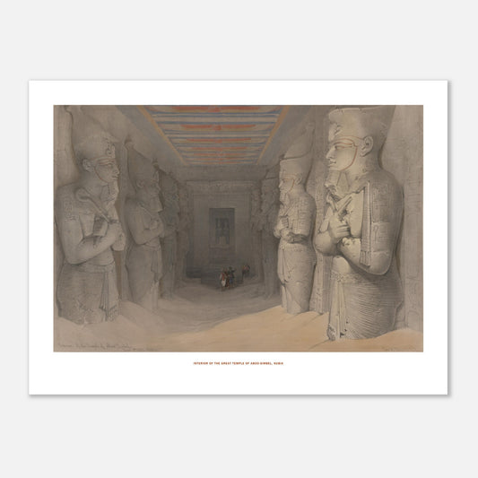 Planche de l'intérieur du grand temple d'Abou-Simbel par David Roberts (30x40 cm). Lithographie représentant l'intérieur d'un temple égyptien avec de grandes statues colossales et un plafond décoré, avec quelques personnages humains à l'extrémité.
