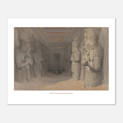 Planche de l'intérieur du grand temple d'Abou-Simbel par David Roberts (40x50 cm). Lithographie représentant l'intérieur d'un temple égyptien avec de grandes statues colossales et un plafond décoré, avec quelques personnages humains à l'extrémité.