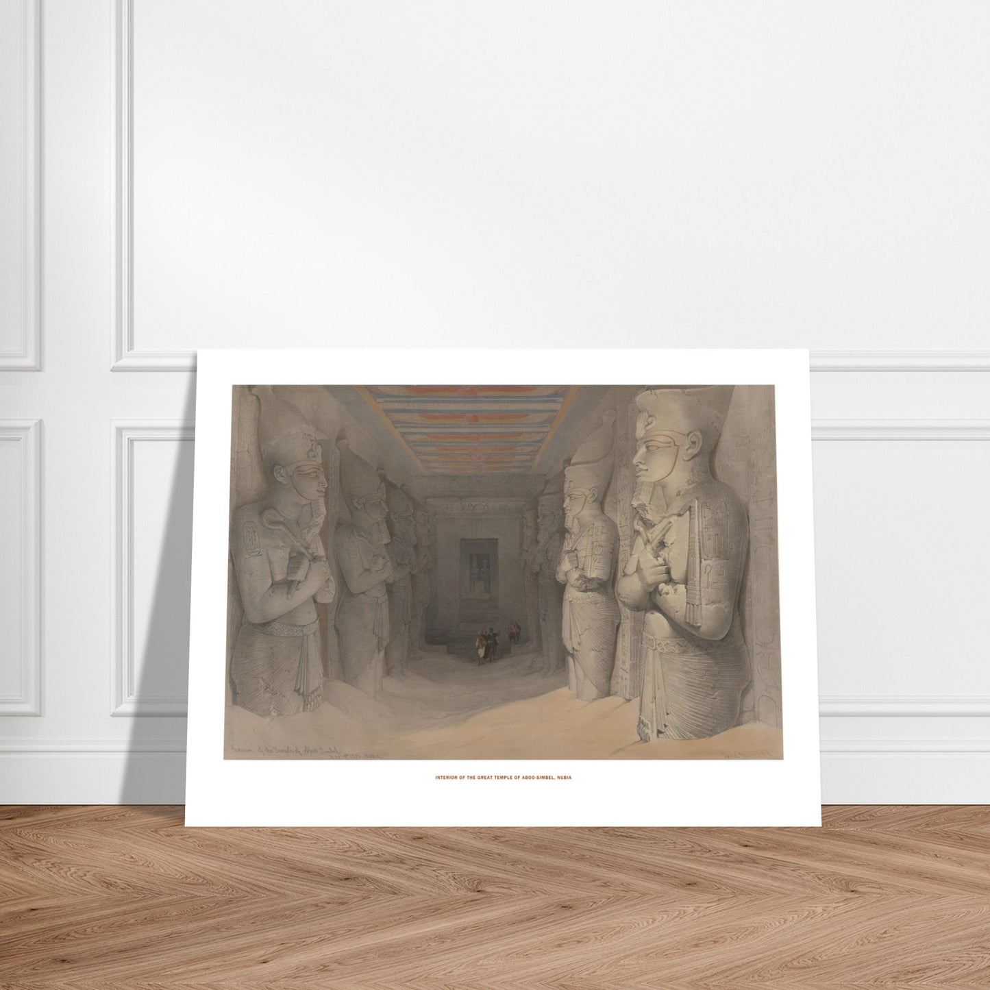 Planche de l'intérieur du grand temple d'Abou-Simbel par David Roberts. Lithographie représentant l'intérieur d'un temple égyptien avec de grandes statues colossales et un plafond décoré, avec quelques personnages humains à l'extrémité. Image d'illustration 6