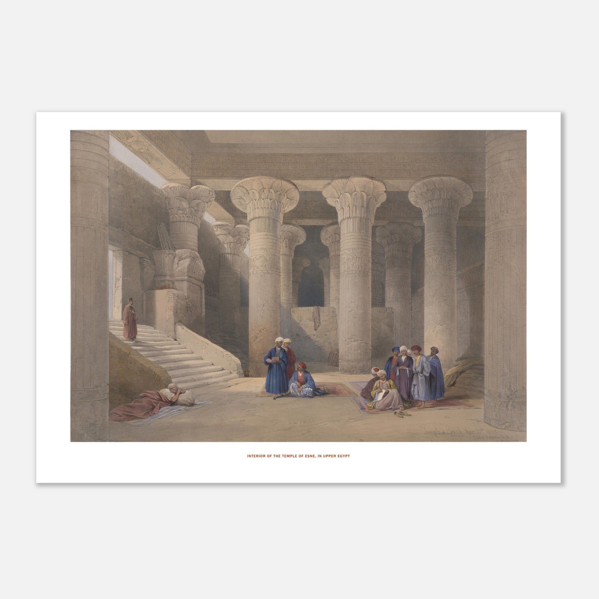 Planche ancienne : Intérieur du temple d'Esné, David Roberts (21x29,7 cm (A4)). Lithographie ancienne représentant l'intérieur d'un temple égyptien avec de grands piliers sculptés et des groupes de personnes assises ou debout.