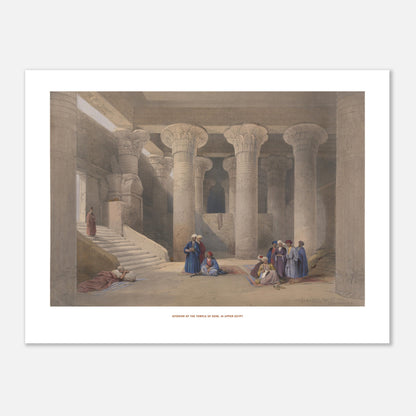 Planche ancienne : Intérieur du temple d'Esné, David Roberts (30x40 cm). Lithographie ancienne représentant l'intérieur d'un temple égyptien avec de grands piliers sculptés et des groupes de personnes assises ou debout.
