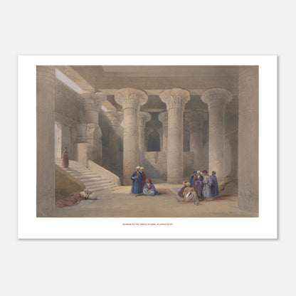 Planche ancienne : Intérieur du temple d'Esné, David Roberts (42x59,4 cm (A2)). Lithographie ancienne représentant l'intérieur d'un temple égyptien avec de grands piliers sculptés et des groupes de personnes assises ou debout.