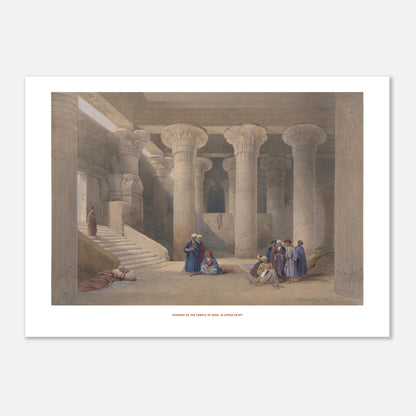 Planche ancienne : Intérieur du temple d'Esné, David Roberts (50x70 cm). Lithographie ancienne représentant l'intérieur d'un temple égyptien avec de grands piliers sculptés et des groupes de personnes assises ou debout.