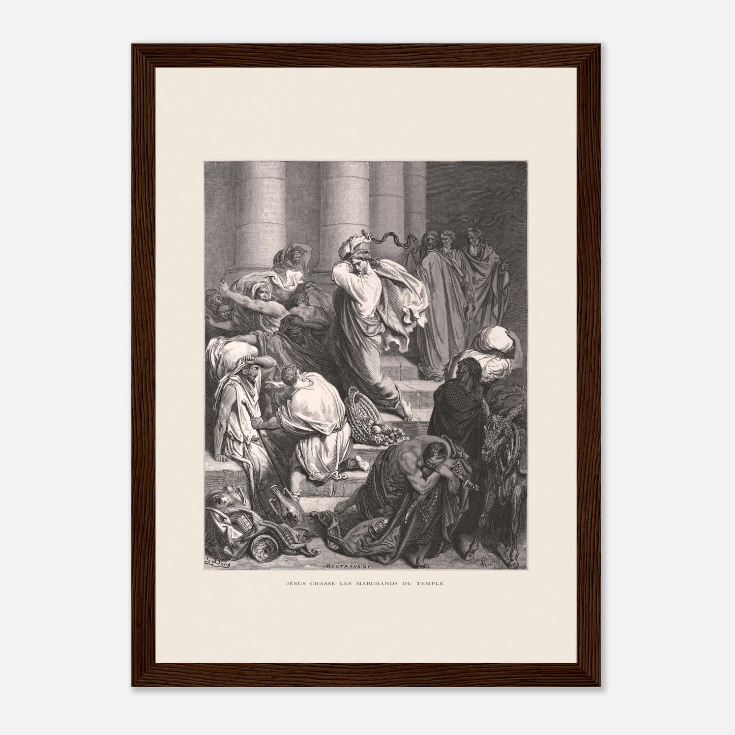 Jésus chassant les marchands du temple, gravure de Gustave Doré (21x29,7 cm (A4) / Cadre bois foncé). Gravure de Gustave Doré pour la Sainte Bible, représentant la scène de "Jésus chasse les marchands du temple".
