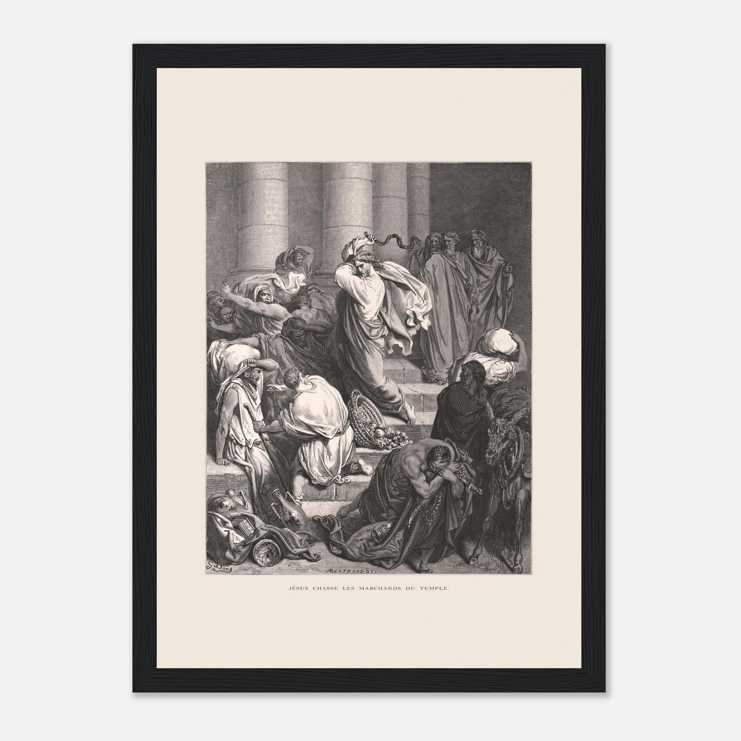 Jésus chassant les marchands du temple, gravure de Gustave Doré (21x29,7 cm (A4) / Cadre noir). Gravure de Gustave Doré pour la Sainte Bible, représentant la scène de "Jésus chasse les marchands du temple".