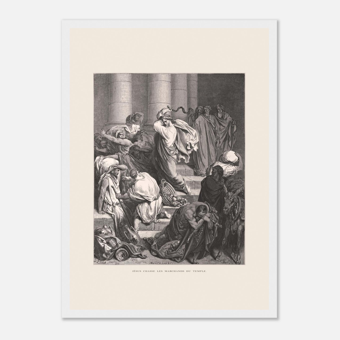 Jésus chassant les marchands du temple, gravure de Gustave Doré (29,7x42 cm (A3) / Cadre blanc). Gravure de Gustave Doré pour la Sainte Bible, représentant la scène de "Jésus chasse les marchands du temple".